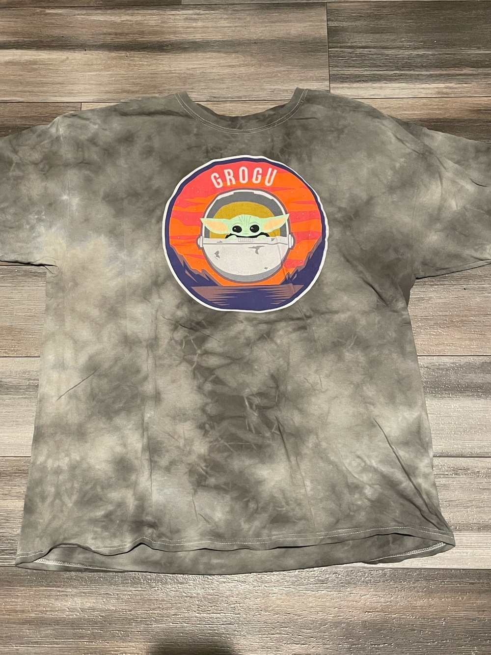 Grogu Graphic Tie-Dye Tee — Gray with Colorful Patch